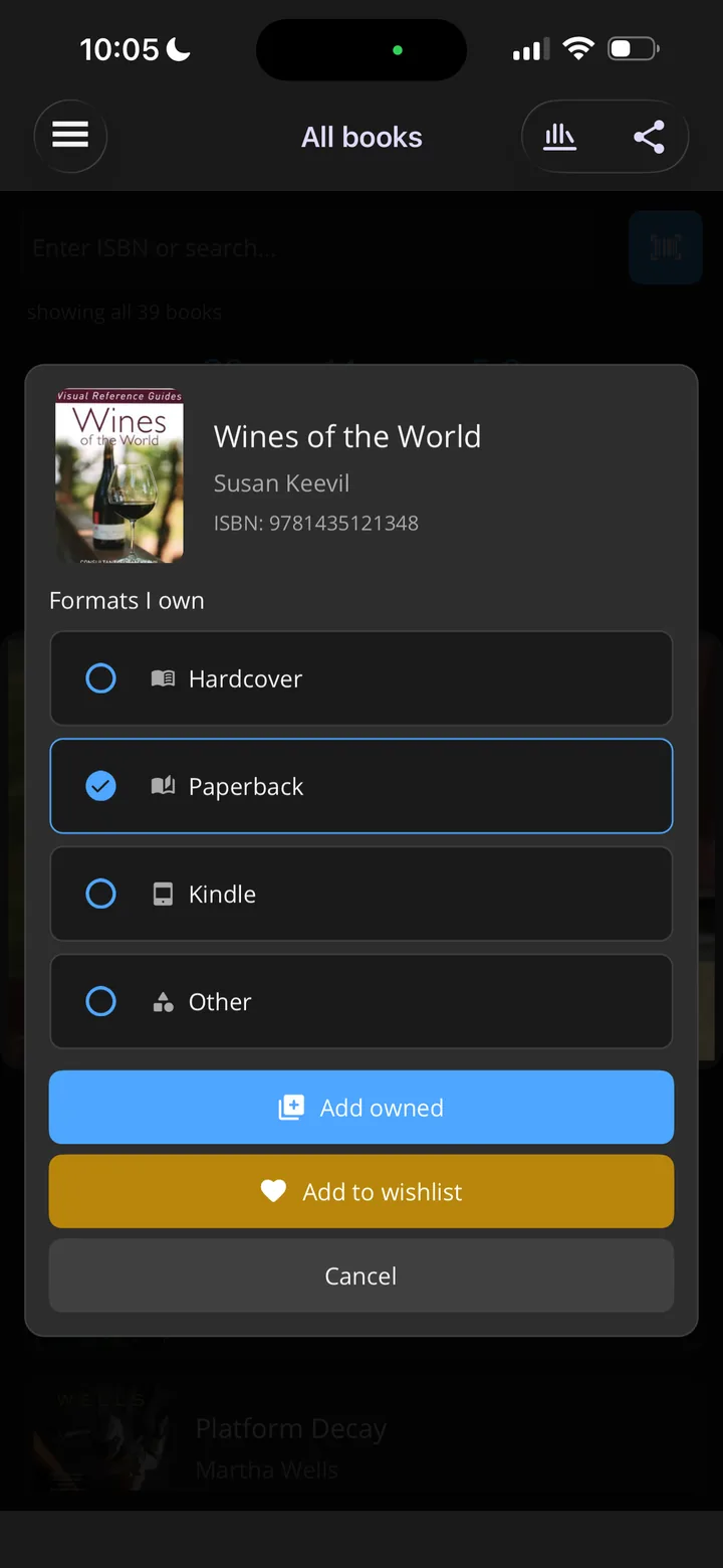 HaveIt add-book screen with hardcover, paperback, Kindle, and wishlist choices