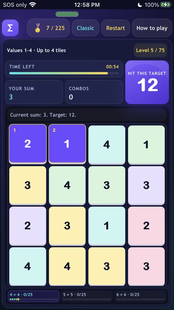 Active Zummando board with a highlighted number path and target of twelve