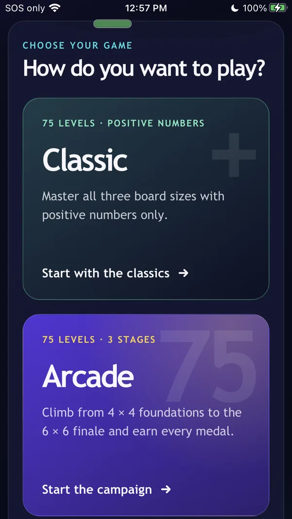 Zummando game picker showing Classic and Arcade modes