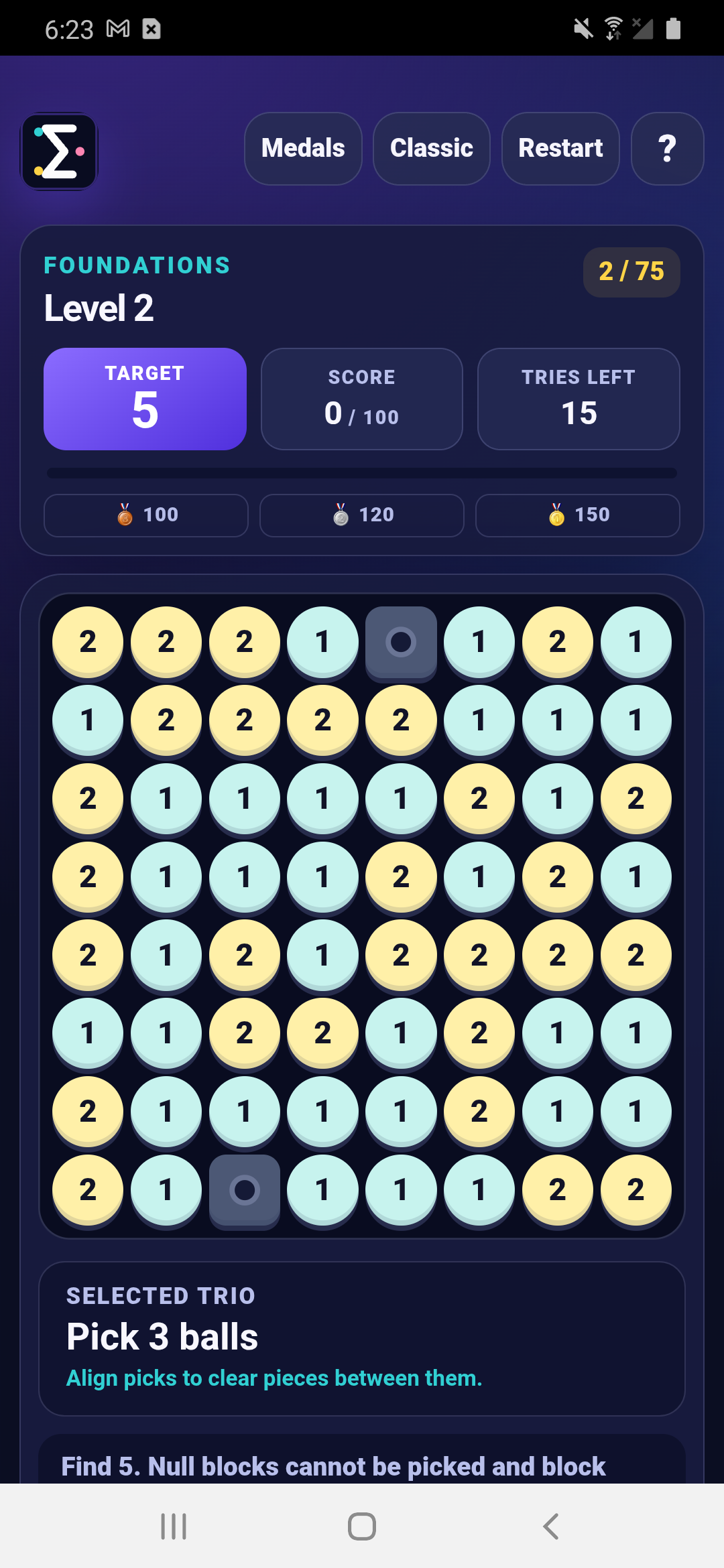 Zummando Trios Android app showing Classic level 2, target 5, and an 8 by 8 board